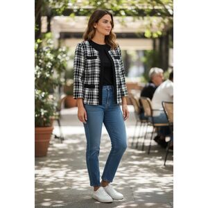 Southern Lady Black White Tweed Open Front Jacket Size 14